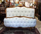 Antique French Louis Xv Oak Full Size Bed  New Linen Fabric Upholstered
