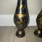 Vtg Set Of 2 Brass 9 5    Black And Gold Colored  Vase With Flower Design India