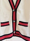 Women s White Cardigan Sweater Red Black Striped Trim Button Accents Knit Blend