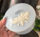Vtg 1950s Swartz Bros Plastic Powder Puff Blue Vanity Dresser Box Floral Trinket