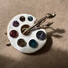 Art Artist Enamel Palette Pin brooch pendant Gold Tone Multi Color Stones