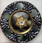 Antique Victorian Metal Celluloid Button Blue Pink Enamel Flower Gold Tone Star