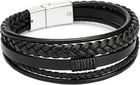 Men Bracelet Raided Leather Bracelet Multi-layer 8  Magnetic Silver Clasp  Black