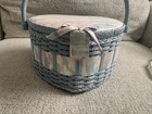 Vintage Heart-shaped Sewing Basket  Light Blue Wicker Base  A Padded Lid Pastel