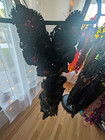 Women   s M Black red Floral Lace Sheer V-neck Beaded Ruffle Long Dress