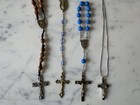 Lot Of 3 Vintage Rosaries  Wood  Glass  Plastic Beads  1 Silver Cross Necklace 