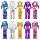 Us Yizyif Hip Hop Dance Boys Girls Metallic Zip Up Bomber Jacket  wide-leg Pants