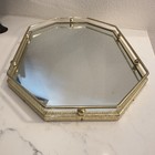 Vintage Octagon Brass Mirrored Vanity Make-up Perfume Tray Table Top 13  X 9 