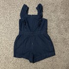 Women s Blue Denim Romper S Ruffle Strappy Sleeveless Elastic Waist Square Neck