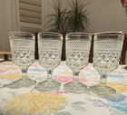 Vintage Set Of 4 Clear Pressed Glass Water Goblets Diamond Pattern