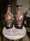 Very Nice Mirror Pair Of Chinese Cloisonne Vases W  Rosewood Stands 10 
