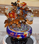 12  Vintage Bonsai Peking Jade Tree In Cloisonne Bowl W ebony Handcarved Stand