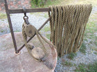 Rare Vintage 100   Rope Nautical Industrial Farm Anvil Block Tackle Wood Pulleys