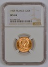 1908 France 20 Francs Rooster Gold Coin Graded Gem Ms65 By Ngc