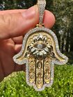 Real 14k Gold   925 Sterling Silver Hamsa Evil Eye Hand Iced Moissanite Pendant