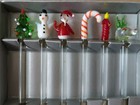 Vintage Christmas Glass Swizzle Sticks Santa Snowman Tree Deer Etc  Set Of 6 