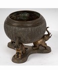 19thc  Antique Indian Heavy Cast Bronze Singing Bowl On Elephant Stand