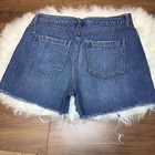 High Rise Distressed Blue Denim Cut Off Shorts Women   s Relaxed Fit Fringe