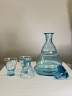 Vintage Aqua Blue Blown Glass Decanter Set With 3 Matching Cups Mid Century Art