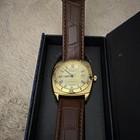 Stauer Quartz Dress Watch Date Gold Tone 34mm Brown Leather Strap Roman Box