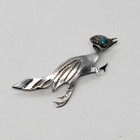 Vintage Navajo Handmade Sterling Silver Turquoise Roadrunner Brooch