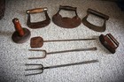 Primitive  19th Century Iron Lot  8 Items Hog Scrapper  choppers  peel