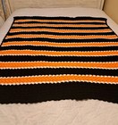 Handmade Crochet Afghan Blanket Throw Vibrant Orange  Black white 51x46