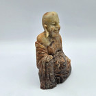 Vintage Chinese Carved Stone Sitting Buddha Laughing Smiling Statue Figure 4 