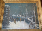 Antique Impressionist Maritime Sailing Ship Warf Sailor Winter Oil Painting Sign