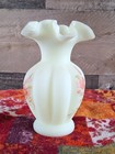 Fenton Hand Painted Roses On Custard  Melon Vase Artist Signed Uv Glow