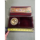 Vintage Asian Lacquer Box Mother Of Pearl Inlay Brass Ashtray Cigarette Set Red