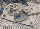 Vintage 50s 60s Porcelain Vanity Set Floral Heart Box Tray Candle Holder Mirror