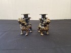 Pair Antique Vintage Asian Foo Dog Temple Guardian Brass Candle Holders