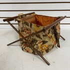 Vtg Mid Century Knitting Basket Folding Fabric   Wood Sewing Storage - Read