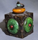 4  Old Chinese Bronze Ware Inlay Green Jade Gem Amber Seal Stamp Signet