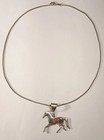 Vintage Navajo Sterling Silver Turquoise   Coral Horse Pendant Necklace 20 1 2 