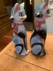 Vintage Tall Cat Mcm Salt   Pepper Shakers Blue Pink Anthropomorphic 7 5   