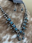 Navajo Handmade Sterling Silver Turquoise Shadowbox Squash Blossom Necklace 17   