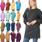 Women Round Or V Neck Oversized Long Sweatshirt Loose Warm Fleece Top W  Pockets
