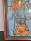 Vintage 1980s Glass Window Peach Iris Flowers Painted On Blue Stained Glass 