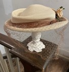 True Vintage 1960s Beige Straw Brim Hat W Tulle   Flowers     Decor Costume Prop