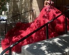 Red Strapless Tulle Quincea  era Dress With Long Train  Handmade Beaded Beauty 