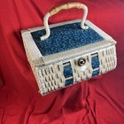 Sewing Basket Box Japan Teal Blue Tapestry Fabric Top Vintage Woven Wicker Ivory