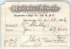 1926 Knights Of Pythias Hyperion Lodge Membership Dues Receipt Manchester Ia C46