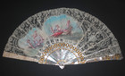 Great Antique French Carved Mother Of Pearl Painted Cherubs Chantilly Lace Fan