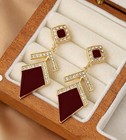 Gold Dark Red Art Deco Earrings Geo Rhinestone Vintage Style Jewelry Gift New