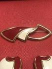 Vintage Monet Gold Tone Red Cream Enamel Bar Brooch   Clip On Earrings Set
