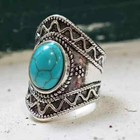 Boho 925 Sterling Silver Elegant Charms Vintage Turquoise Charms Ring Size 9