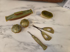 1930s Art Deco Green Marbled Celluloid    Bakelite Vanity Dresser Set 6 Pc Vtg