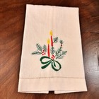Set Of 2 Vintage Christmas Hand Embroidered Linen Tea Towels Holly Candle 